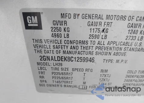 2012 Chevrolet Equinox 1Lt из США, поврежденный, VIN 2GNALDEK8C1259946